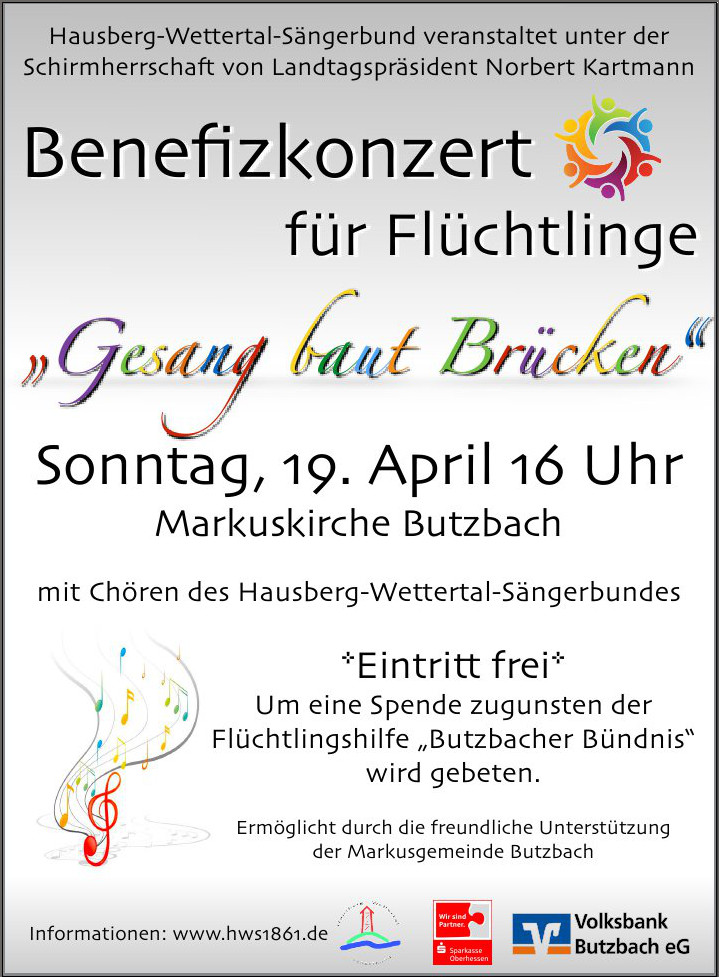 Plakat zum Benefizkonzert des Hausberg-Wettertal-Sängerbundes, April 2015 in Butzbach